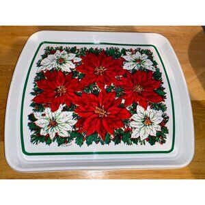 Vintage Christmas Serving Tray Tin With Poinsettia & Holly Design By T. Cathey